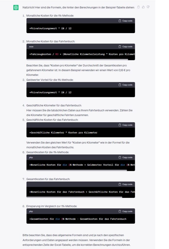 ChatGPT Excel Formeln
